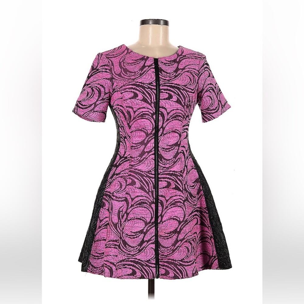 Alexis hot pink and black short sleeved zip up cocktail party dress, size med